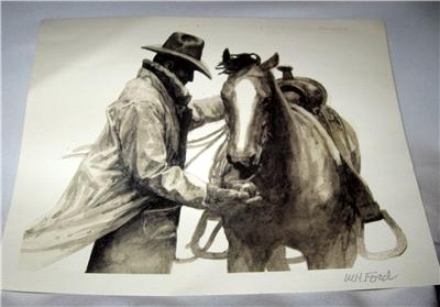 Vintage Black & White Art Print WH Ford Western Scene Cowboy Horse ...