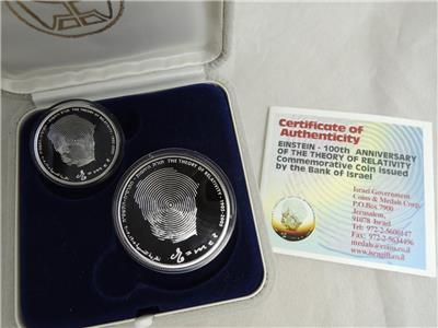 Relativity Theory 100 Years 2 Silver Coins Israel 2005 Albert Einstein box+COA