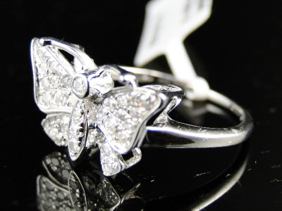 New White Gold Finish Ladies Women White Diamond Butterfly Fashion Designer Ring