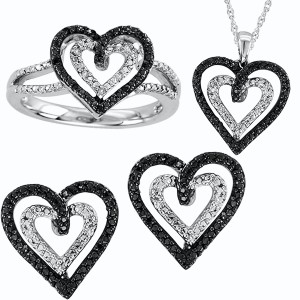 Ladies White Gold Finish Black/White Diamond Heart Ring Earrings ...