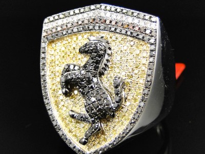 Mens White Gold Finish Custom Ferrari Car Logo Yellow Black Diamond Ring 2 1 Ct Ebay