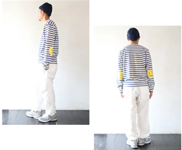 KAPITAL border Smile Long Sleeve Tee Japan smily blue ecru