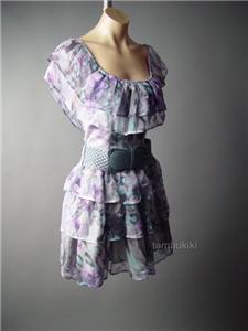Sale Lavender Gray Painterly Floral Tiered Ruffle Belted Tea 296 mvp Dress S M