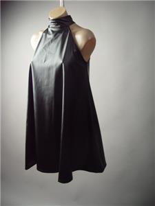 Black Vegan Faux Leather Mock High Neck Swing Trapeze Mini 192 mv Dress S M L