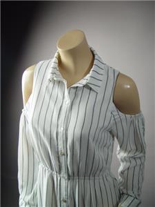 Pinstripe Oxford Stripe Open Off The Shoulder Long Maxi Shirt 218 mv Dress S M L