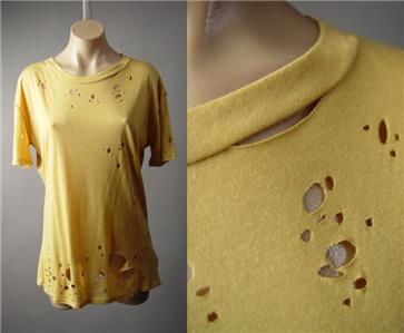 Mustard Yellow Hole Tattered Torn 90s Grunge Baggy Tee Top 222 Mv