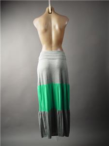 Heather Gray Mint Green Color Block Fold Over Waist Tiered Maxi 285 mv Skirt M L