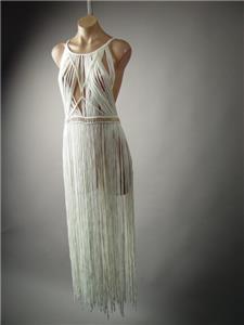 Ivory Fringe Tribal Boho Goddess Burning Man Long Maxi Dress Vest 239 mv Tunic