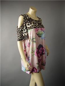 Animal Leopard Floral Mixed Print Open Cold Shoulder Top 249 mv Blouse L 2XL 3XL