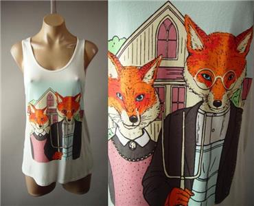 American Gothic Painting Farmer Fox Funny Meme Graphic Tank Top