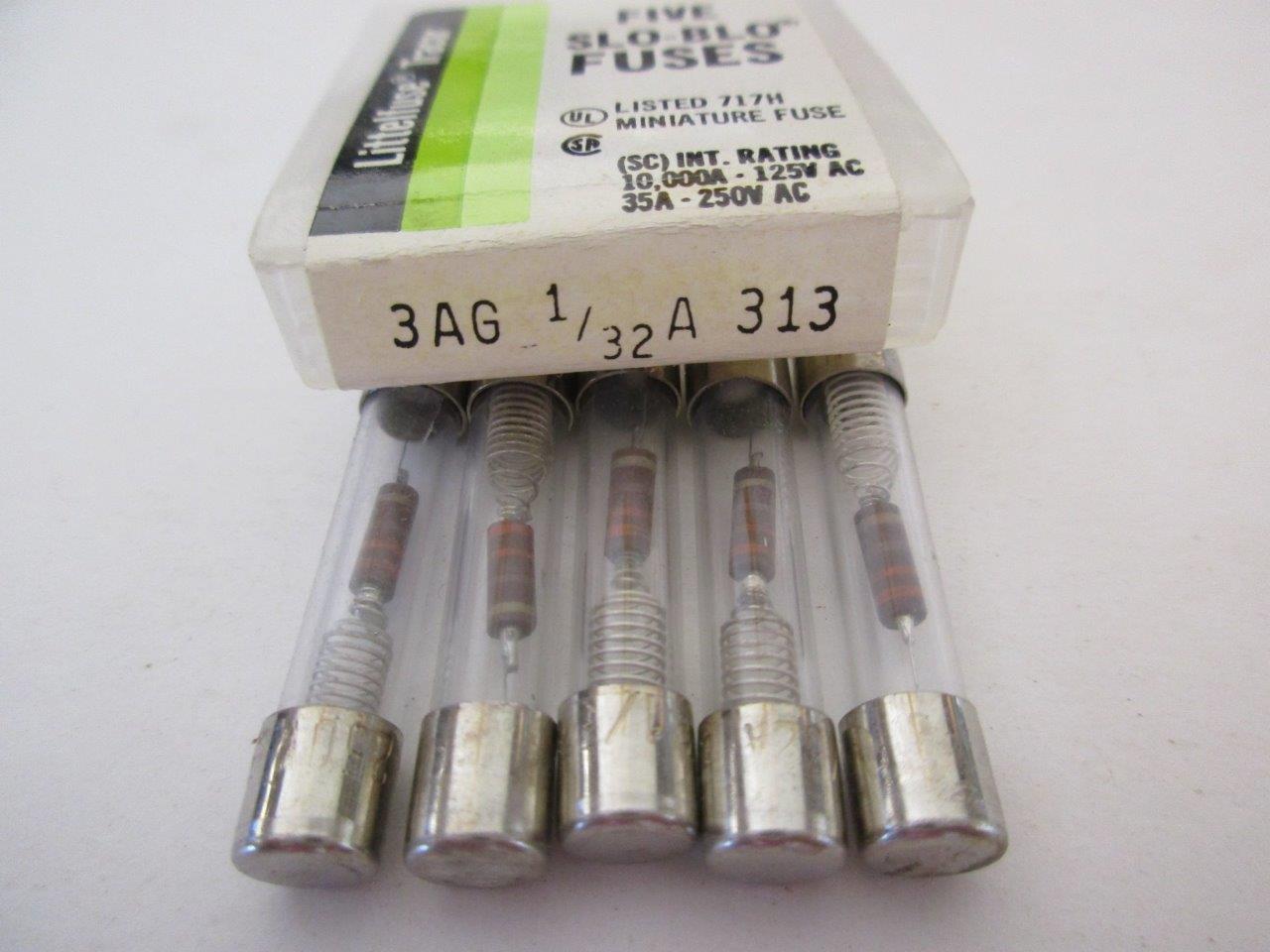 5X Littelfuse Fuse 313 1/100, 4/100, .175, 3/16 o 3/8 amperios soplado lento 3AG - Imagen 11 de 11