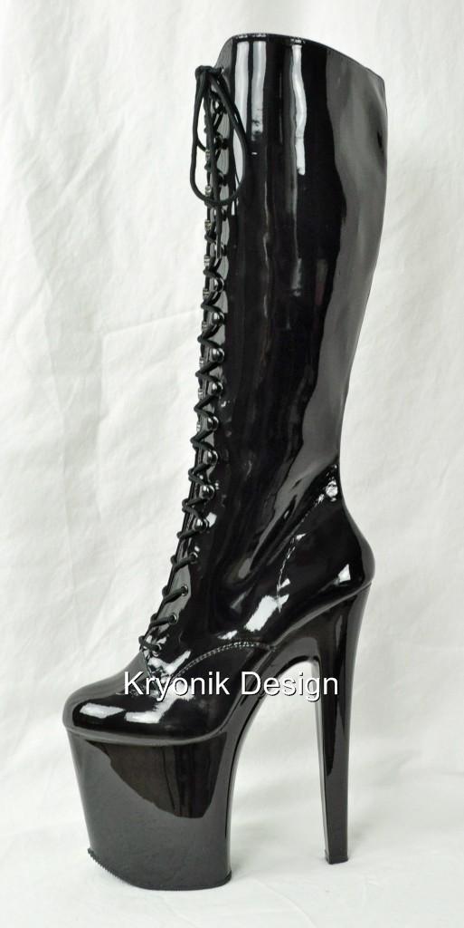 Pleaser Xtreme-2020 black patent stiletto knee high lace up platform ...