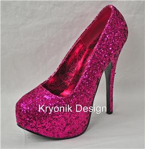 Bordello shoes Teeze-06G hot pink glitter platform pumps stiletto heels ...