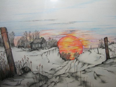 Original Art Colored Pencil & Ink Sunset Landscape Drawing Matted & Framed