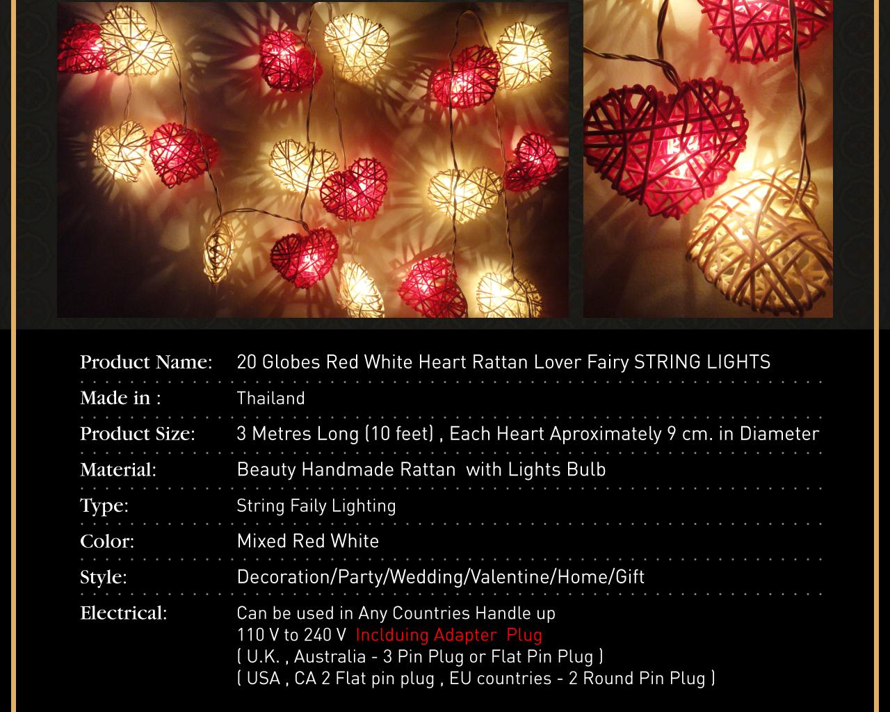 20 Red White Heart Rattan Lover Fairy Lights String Valentine Home Animal Fairy String Lights Other