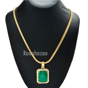 MENS ICED OUT GOLD LARGE SQUARE GREEN EMERALD PENDANT W 36