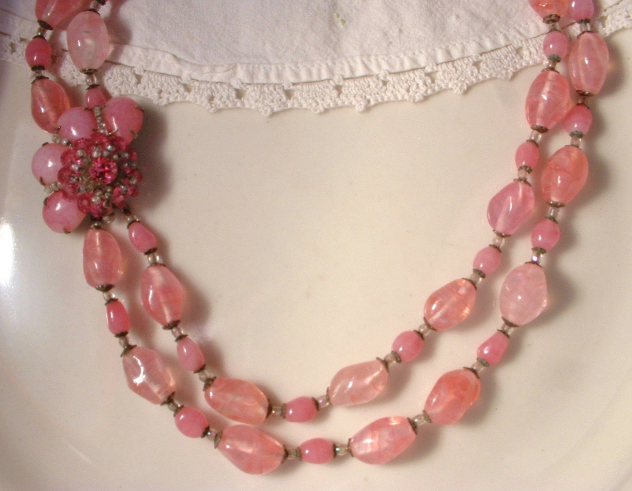 Vtg Miriam Haskell Signed Pink Art Glass Bead & Rhinestone Necklace ...