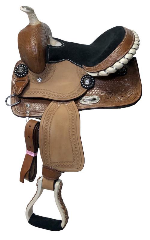 Western Mini Pony Show Barrel Saddle 10" 12"- Teal/Tur Black Pink Red Suede Seat - Picture 2 of 4