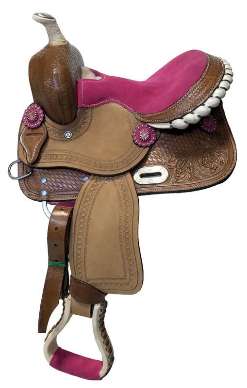 Western Mini Pony Show Barrel Saddle 10" 12"- Teal/Tur Black Pink Red Suede Seat - Picture 4 of 4