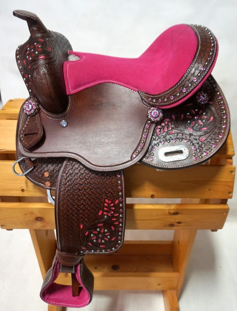Western FQ Saddle 14" Pink/Teal Dark Tooled Painted & Bling With Or Without HSBP 