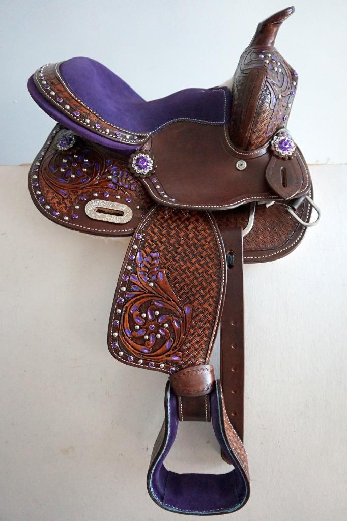 Dark Tooled Western Show Saddle Pleasure Trail 12" Purple Metallic-Option o/HSBP