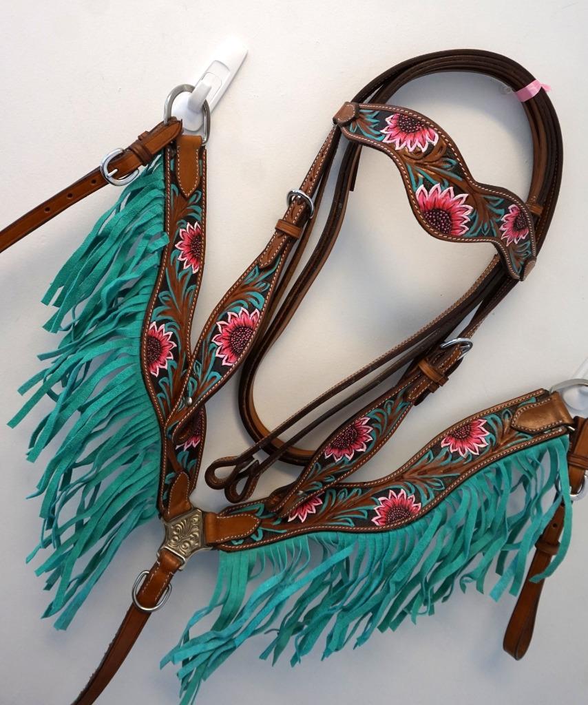 Tan FULL Headstall Breastplate Reins Painted Pink Purple Teal Floral Dip Fringed - Picture 2 of 4