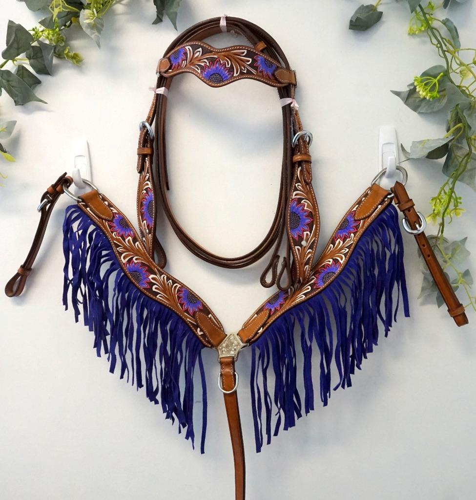 Tan FULL Headstall Breastplate Reins Painted Pink Purple Teal Floral Dip Fringed - Picture 4 of 4