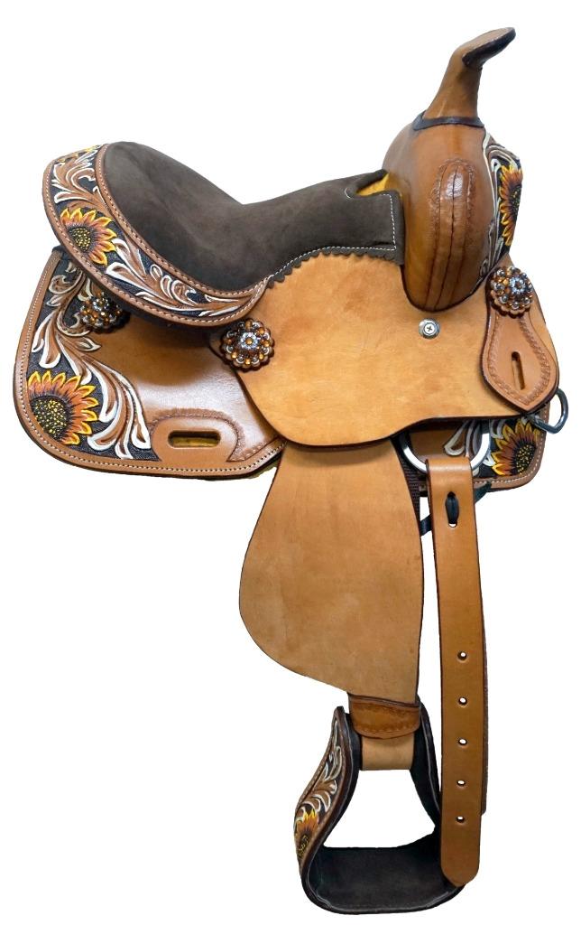 10 12" Pony BROWN seat FLORAL Trail Barrel Pleasure Saddle Youth Option of HSBP - Picture 2 of 4