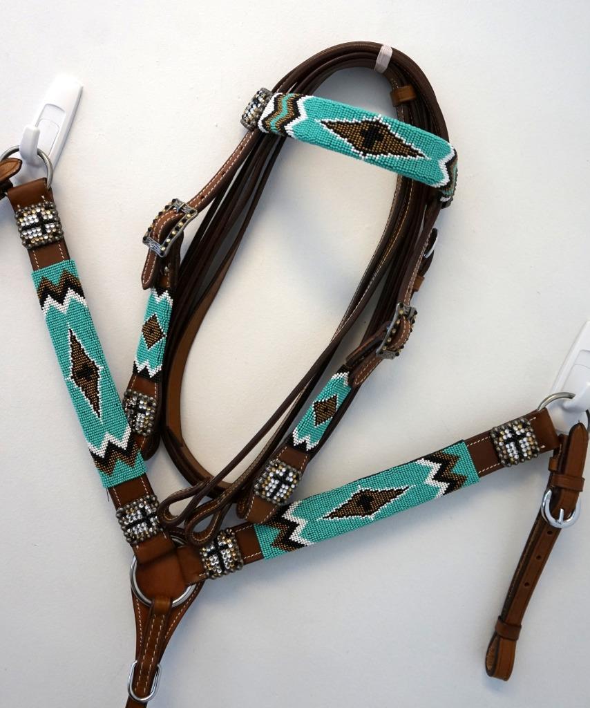 Tan w/Pink Red Teal Black Brown Navajo beaded Crosses FULL Headstall Breastplate
