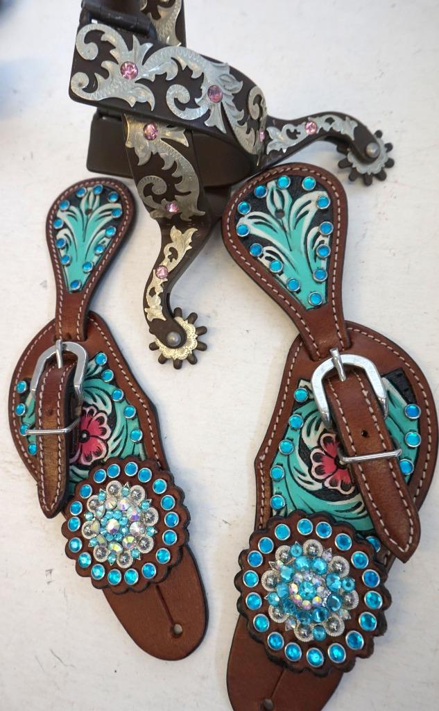 Ladies Youth Painted Teal Spur straps & Bumper Or Show Teal Blue Bling