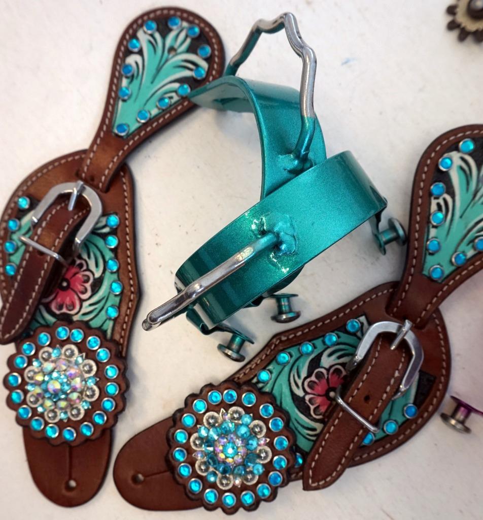 Ladies Youth Painted Teal Spur straps & Bumper Or Show Teal Blue Bling