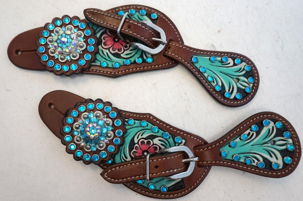Ladies Youth Painted Teal Spur straps & Bumper Or Show Teal Blue Bling