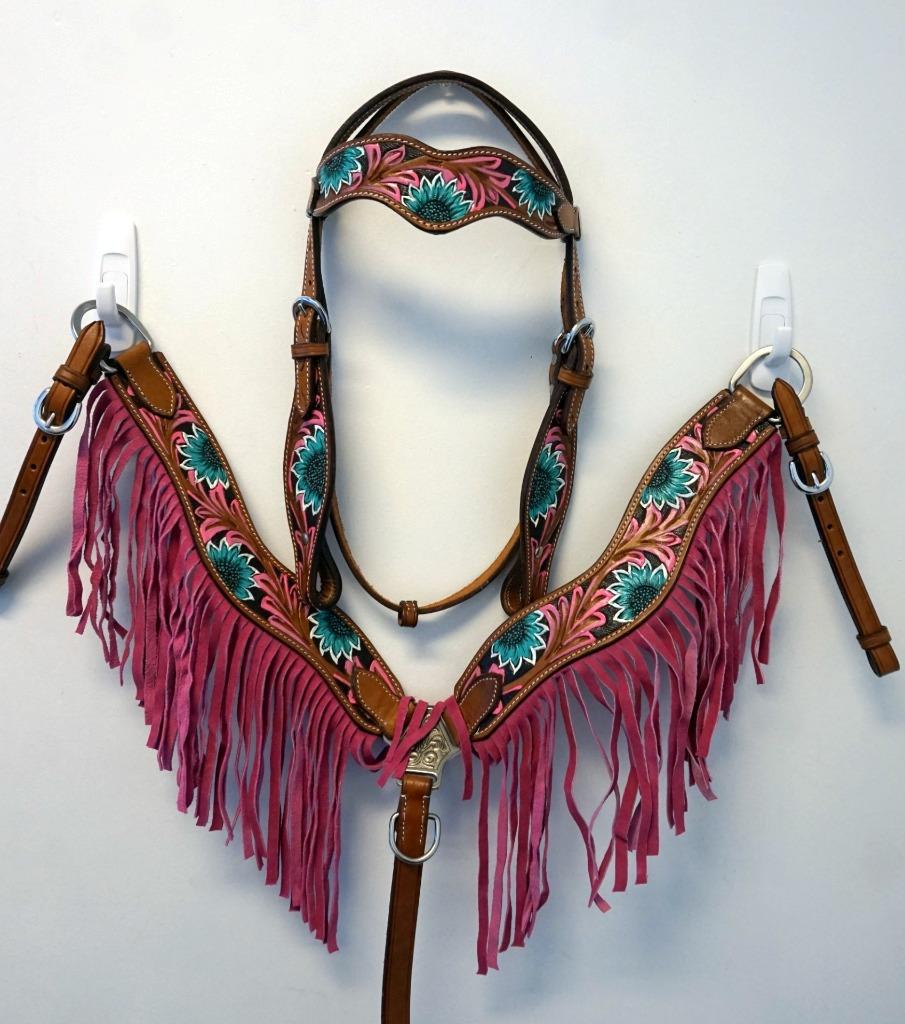 Tan FULL Headstall Breastplate Reins Painted Pink Purple Teal Floral Dip Fringed - Picture 3 of 4