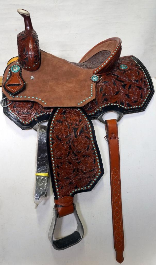 Selle Western Trail Pleasure 15" Medium Tan - Cuir Tooled Highback - Avec Ou Sans Harnachement