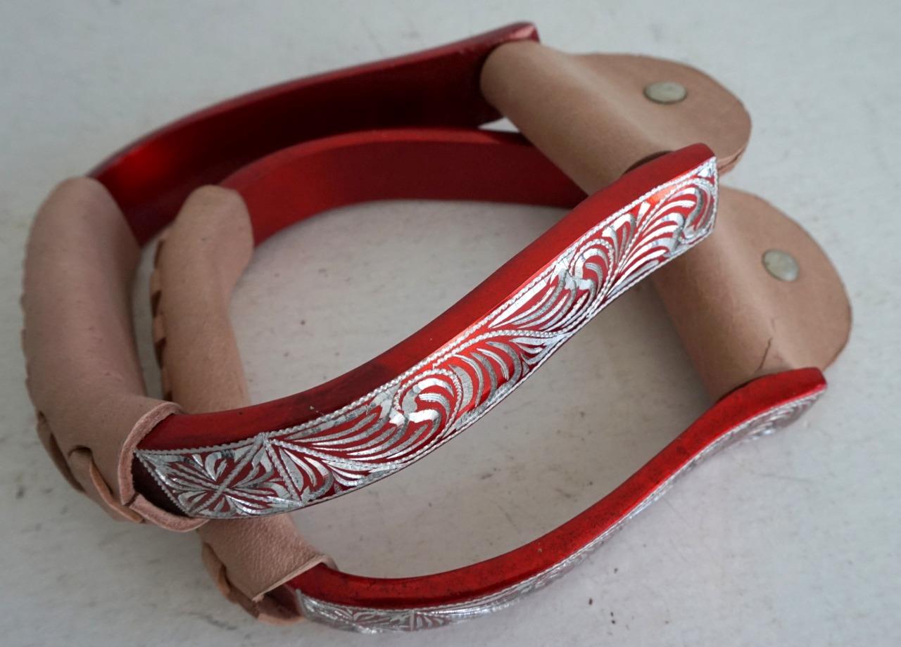 Aluminum Teal Red Black Engrvd STIRRUPS WESTERN Trail Pleasure Barrel kid Saddle - Picture 4 of 4