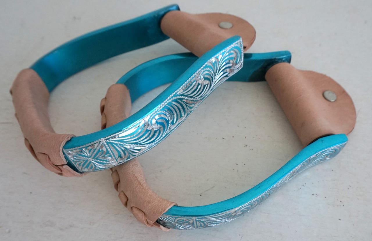 Aluminum Teal Red Black Engrvd STIRRUPS WESTERN Trail Pleasure Barrel kid Saddle - Picture 2 of 4