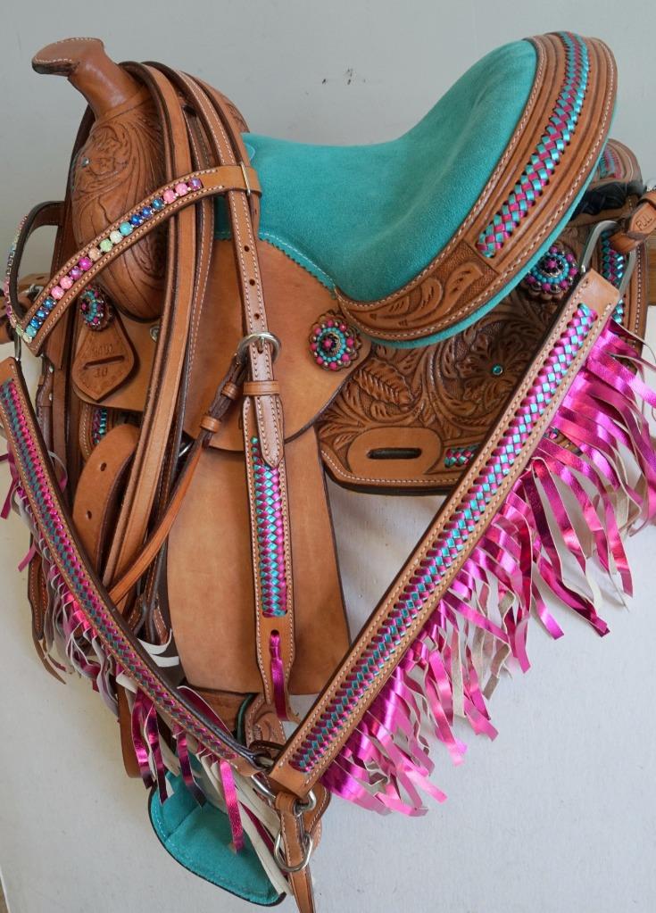 10″ 12″ TEAL Trail Barrel Pleasure Saddle Lacing Tooled Option HSBP Pony/Full