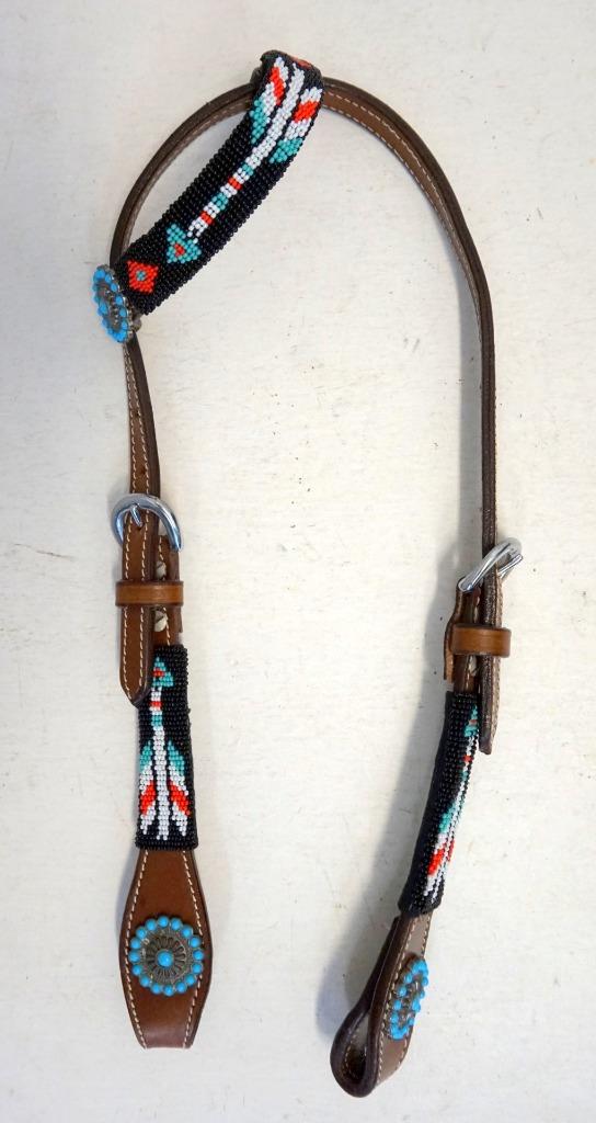 FULL Beaded Teal Arrow Design Leather Headstall 1 Ear Option Reins-8′ Teal&Brown