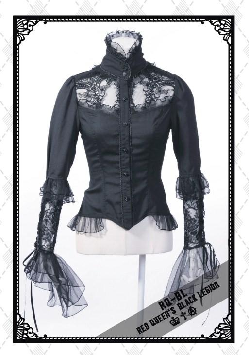 Long Sleeved Gothic Lace Blouse flared sleeves button up Black or Red/Black