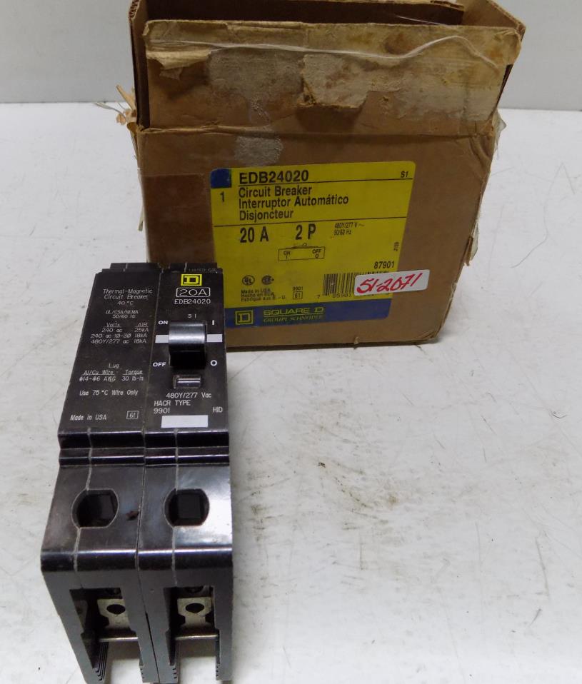 Square D EDB24020 Circuit Breaker 2P 20A 480Y//277V EDB EDB-24020 480V Used