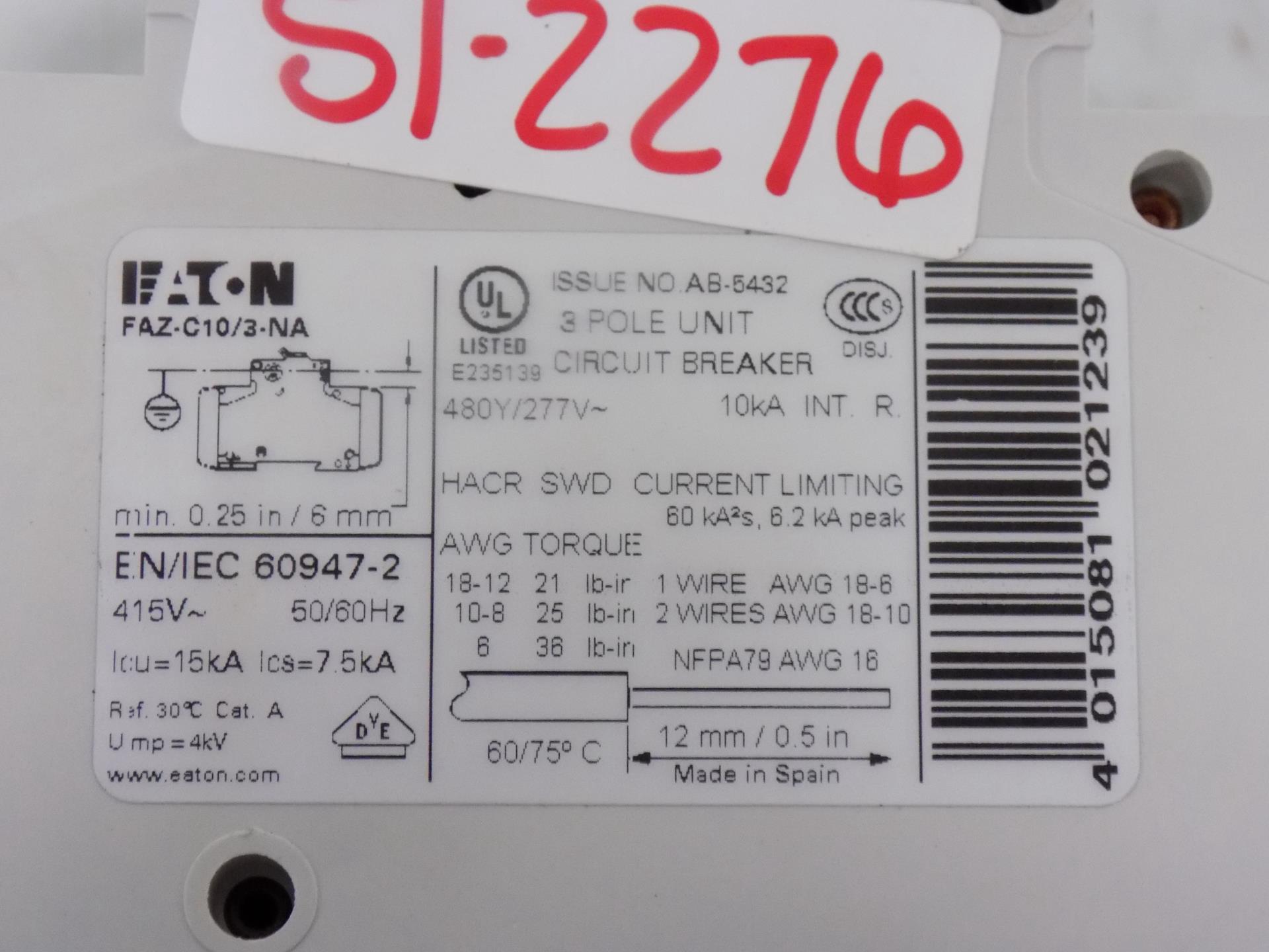 EATON 10A 3 POLE MINIATURE CIRCUIT BREAKER FAZC10/3NA 4015081021239