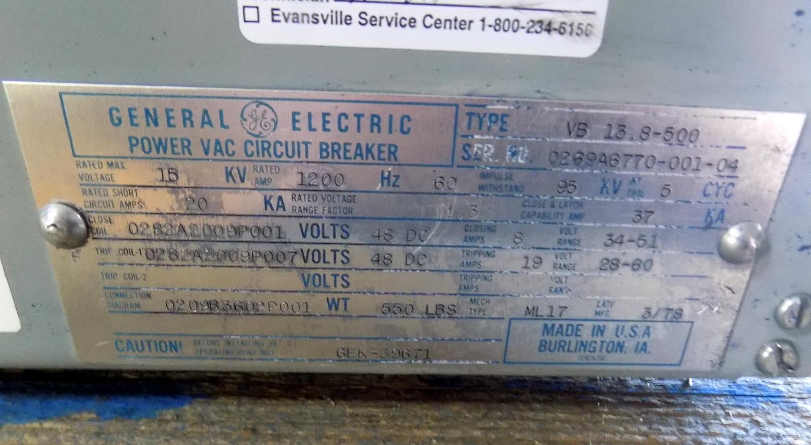 GENERAL ELECTRIC POWER VAC CIRCUIT BREAKER TYPE VB 13.8-500 | eBay