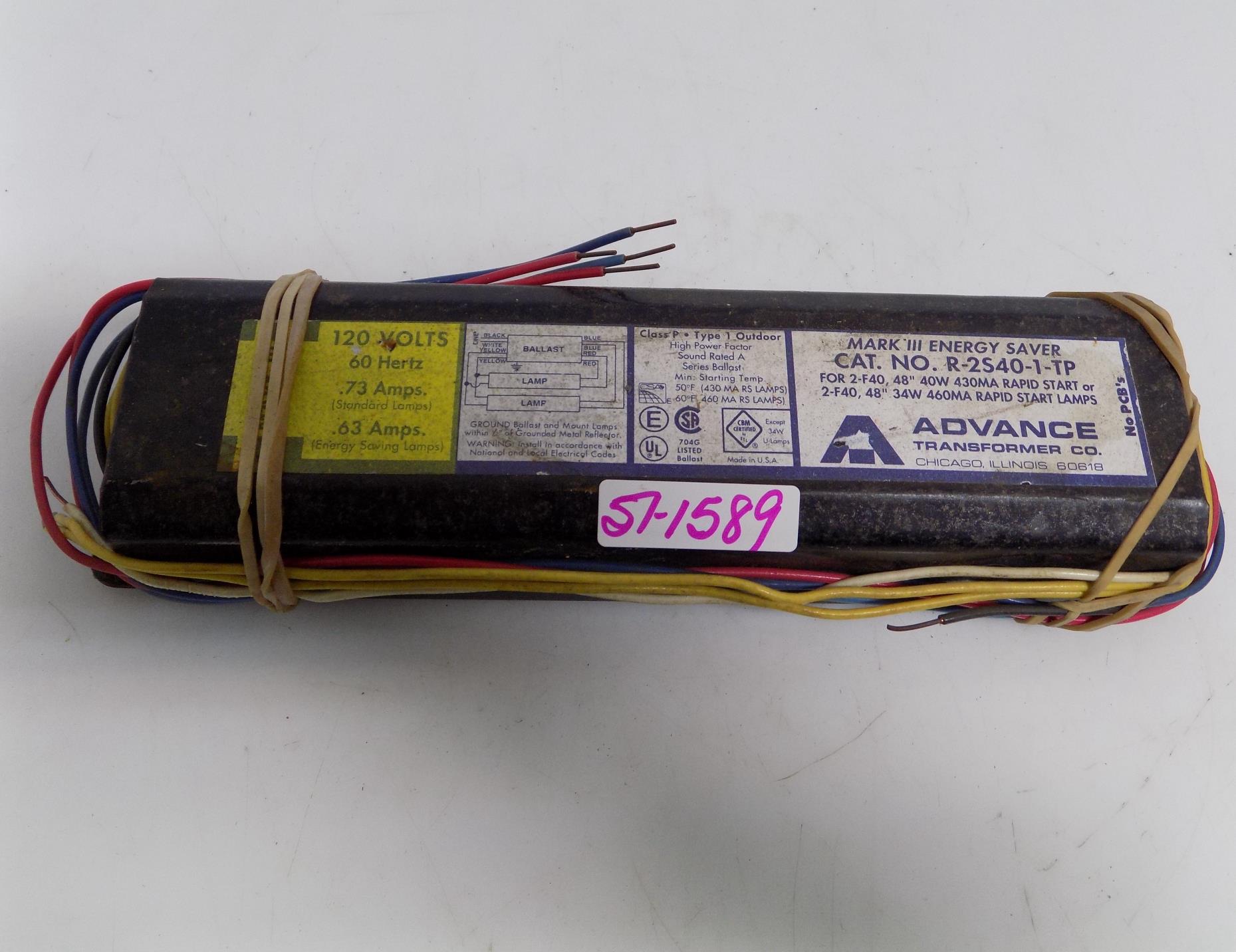 ADVANCE TRANSFORMER 120V .63AMP ELECTRONIC BALLAST R2S401TP eBay