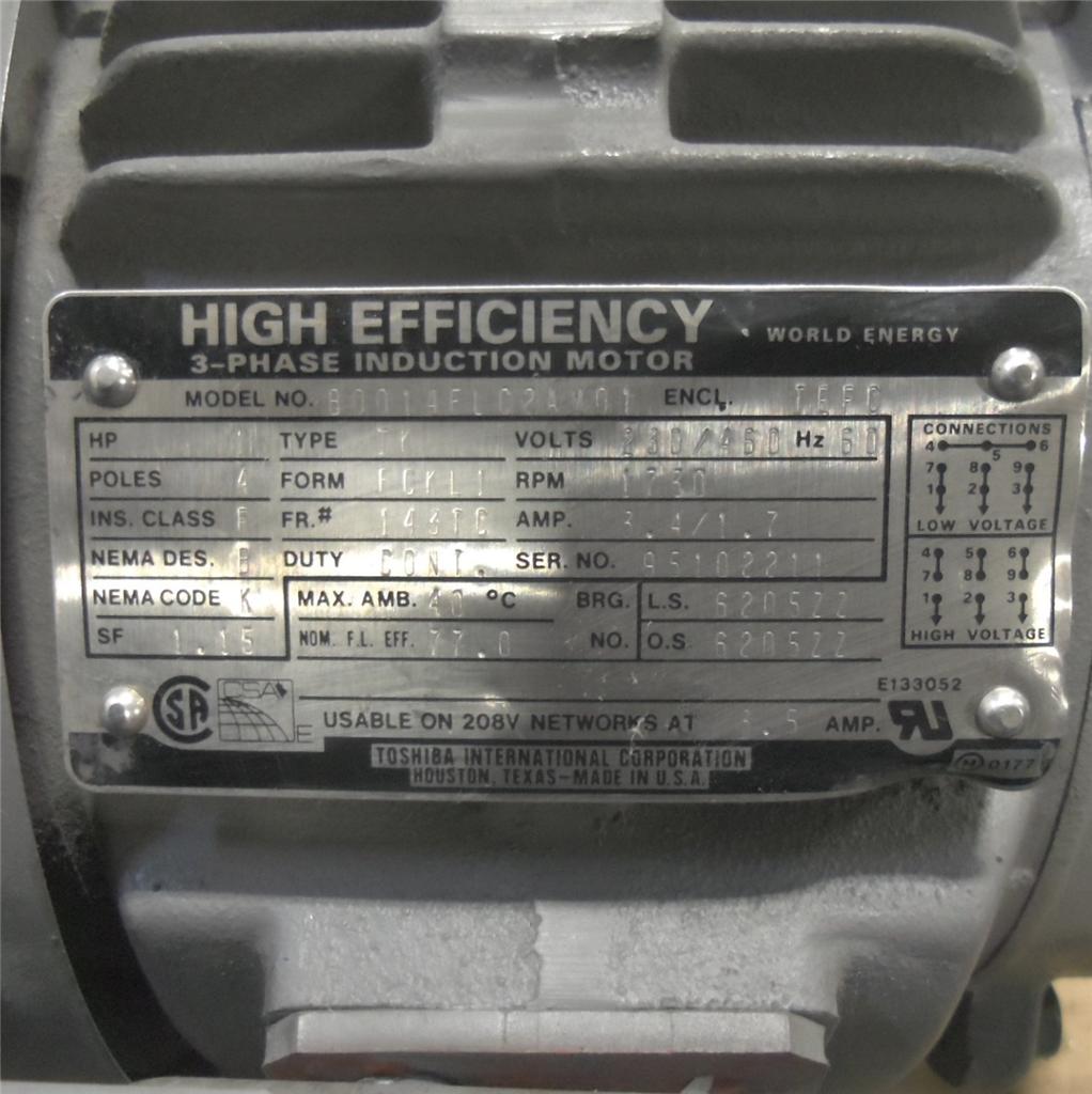 TOSHIBA 460V, 1.7A, 1730RPM, 3-PHASE INDUCTION MOTOR B0014FLC2AM01 | eBay