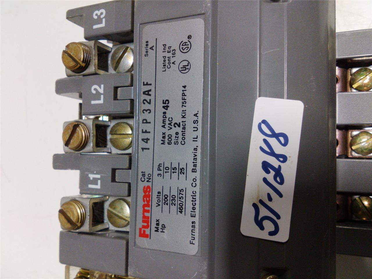 A W//RELAY 48FC31AA3 FURNAS 3PH 45A SIZE 2 OVERLOAD COIL STARTER 14FP32AF SER
