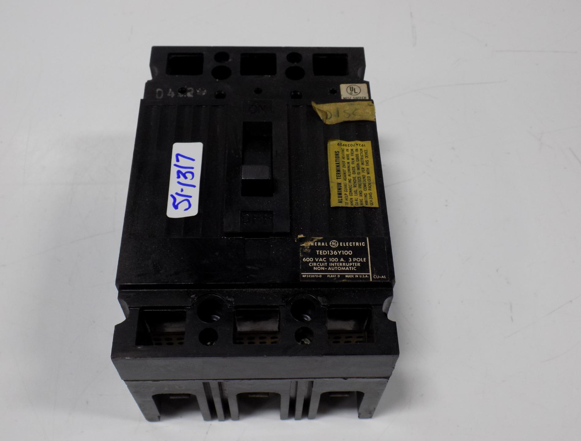 General Electric 600 Vac 100 Amp 3 Pole Circuit Breaker Ted136y100 Details About General Electric 600 Vac 100 Amp 3 Pole Circuit Breaker Ted136y100