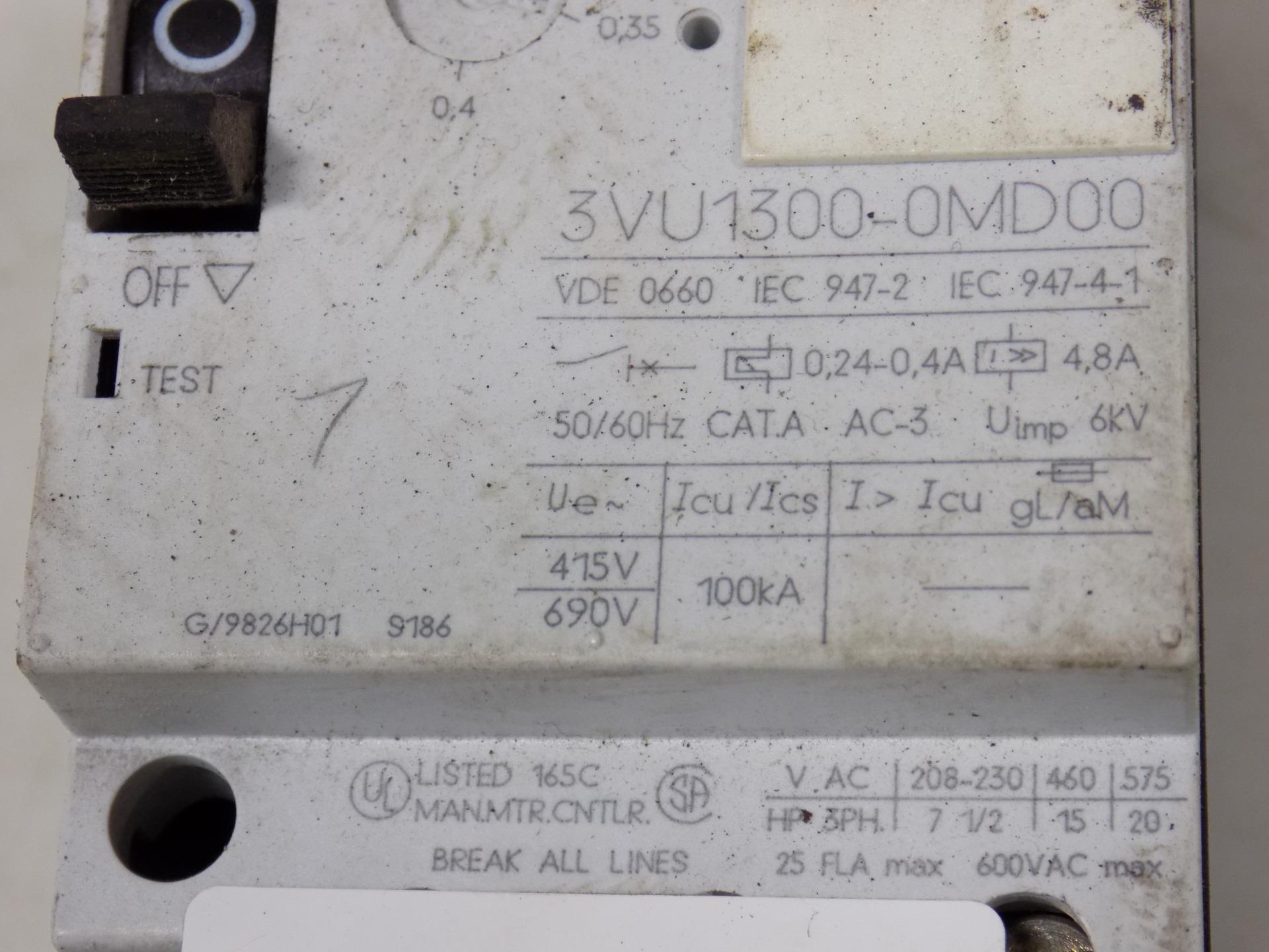 SIEMENS 3VU1300-0MD00 ADJ 0.24 to .4A Starter motor protection USA SELLER