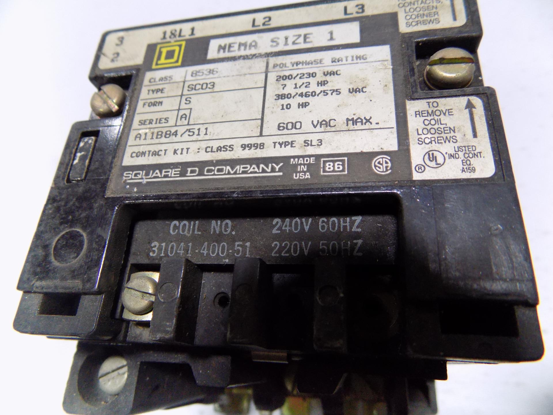 SQUARE D CONTACT STARTER NEMA SIZE 1 SER A FORM S 8536 SCO 3 eBay