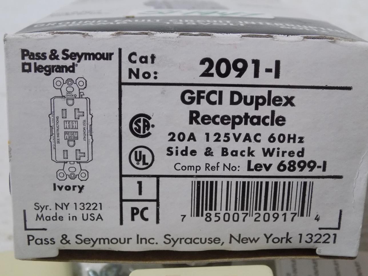 PASS /& SEYMOUR GFCI DUPLEX RECEPTACLE 20AMP 2091-I NIB