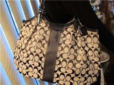 Coach Devin Signature Stripe Tote Handbag black/white New
